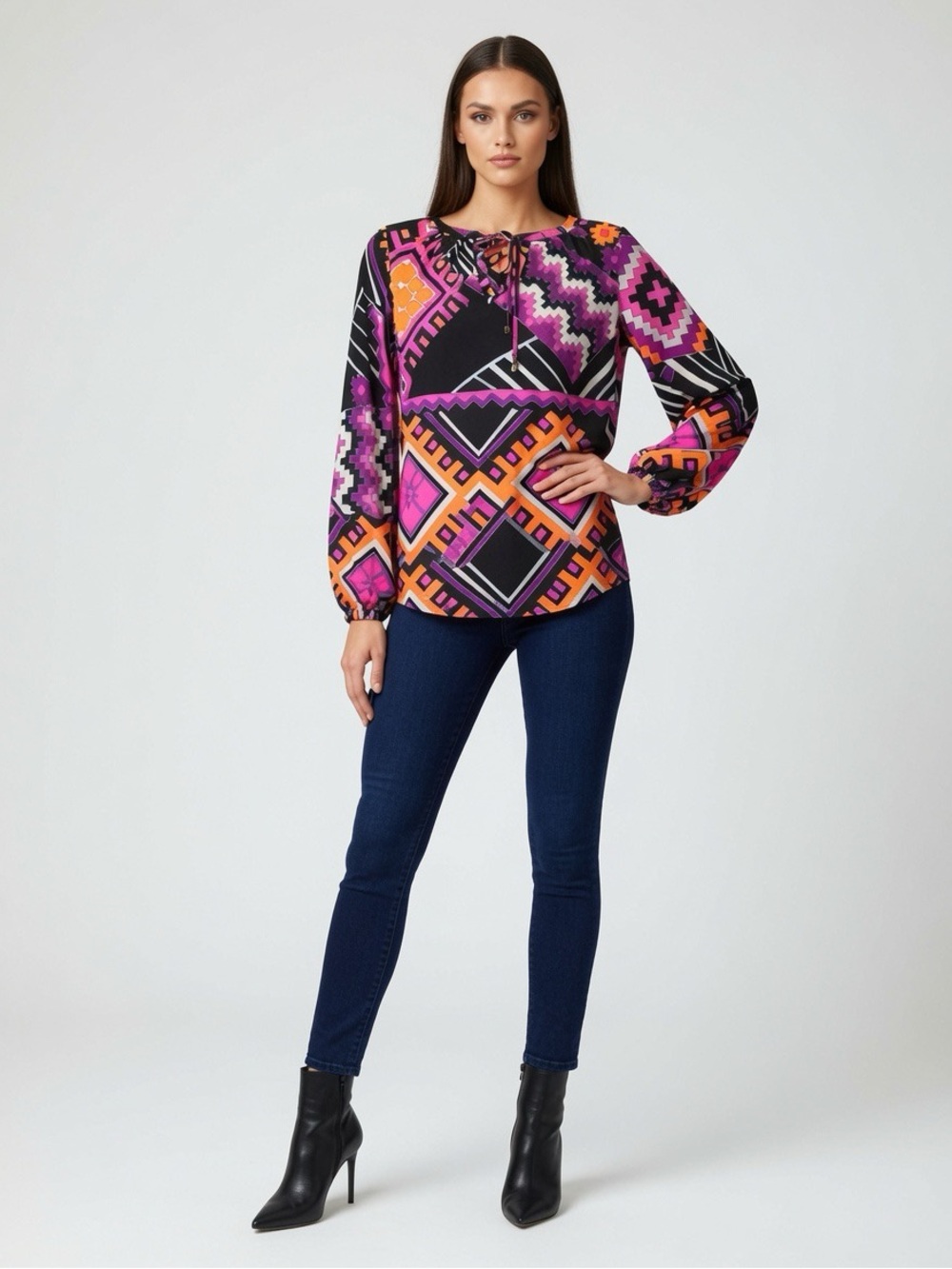 Alice & Trixie 🩷🧡 Women’s Geometric Print Long-Sleeve Blouse - Pink & Orange